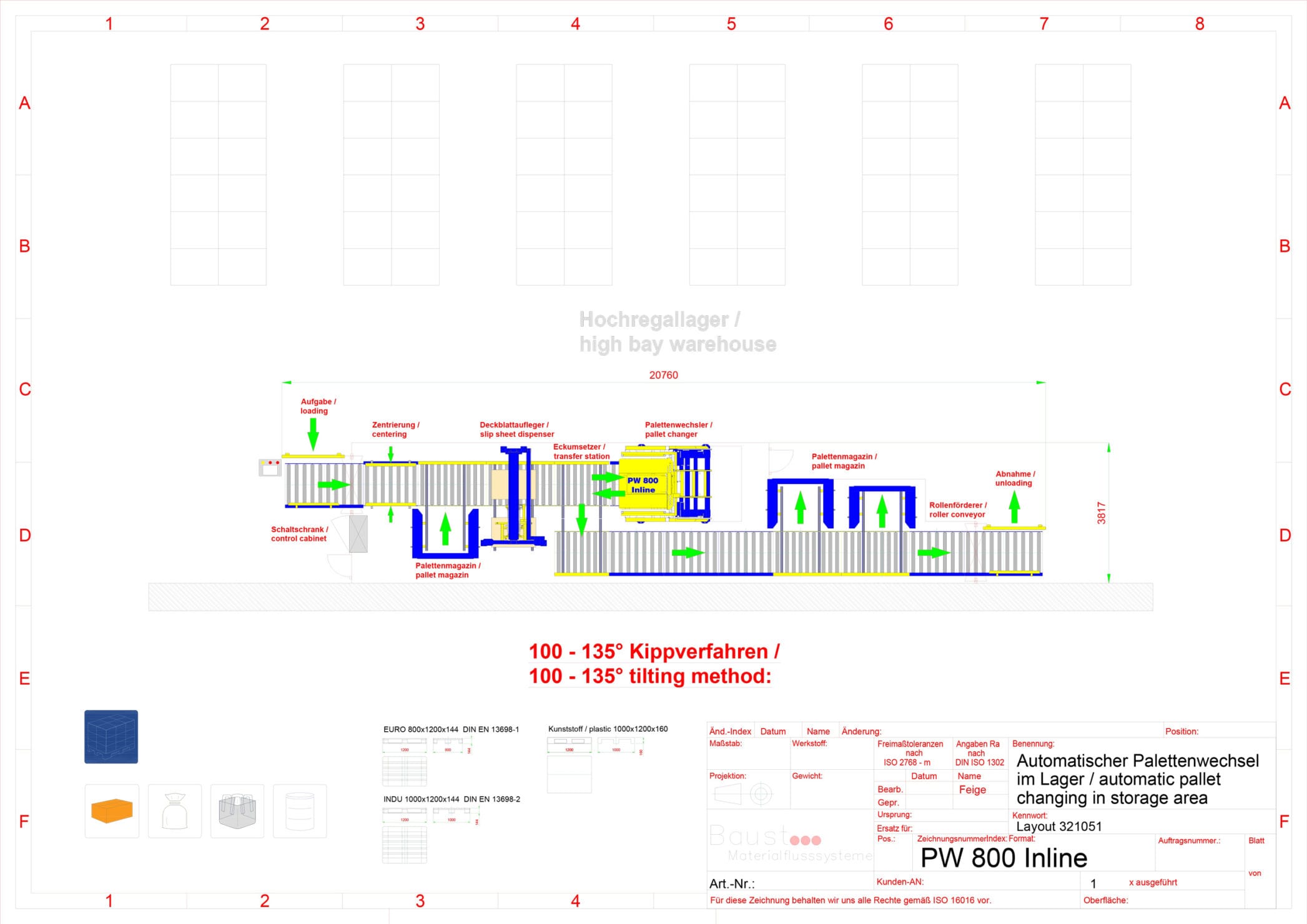 Anlagenlayout: automatischer Palettenwechsel vor dem Hochregallager mit PW800 Inline