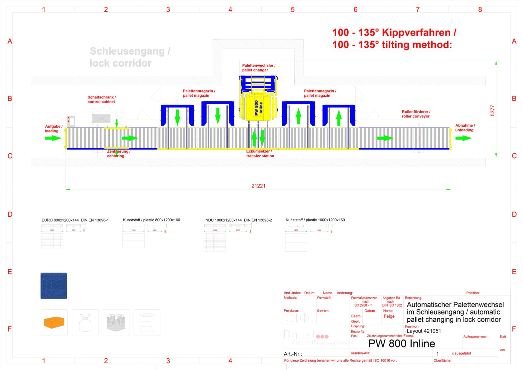 Anlagenlayout: automatischer Palettenwechsel im Schleusengang mit PW800 Inline, Länge 21221 Millimeter